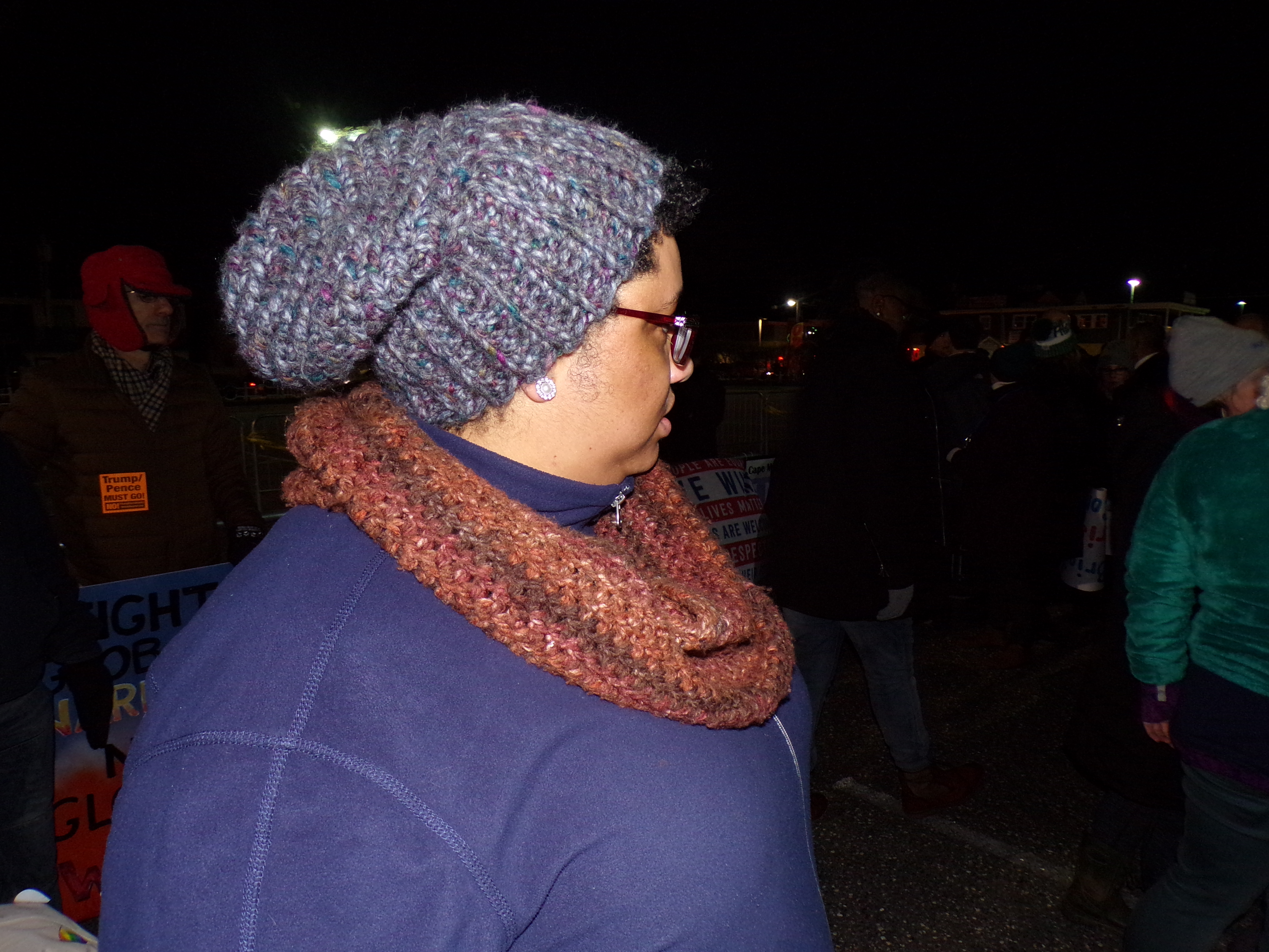 Atlantic County Freeholder Ashley Bennett, CD2 candidate, awaits her turn to speak at tonight's Indivisible rally. 