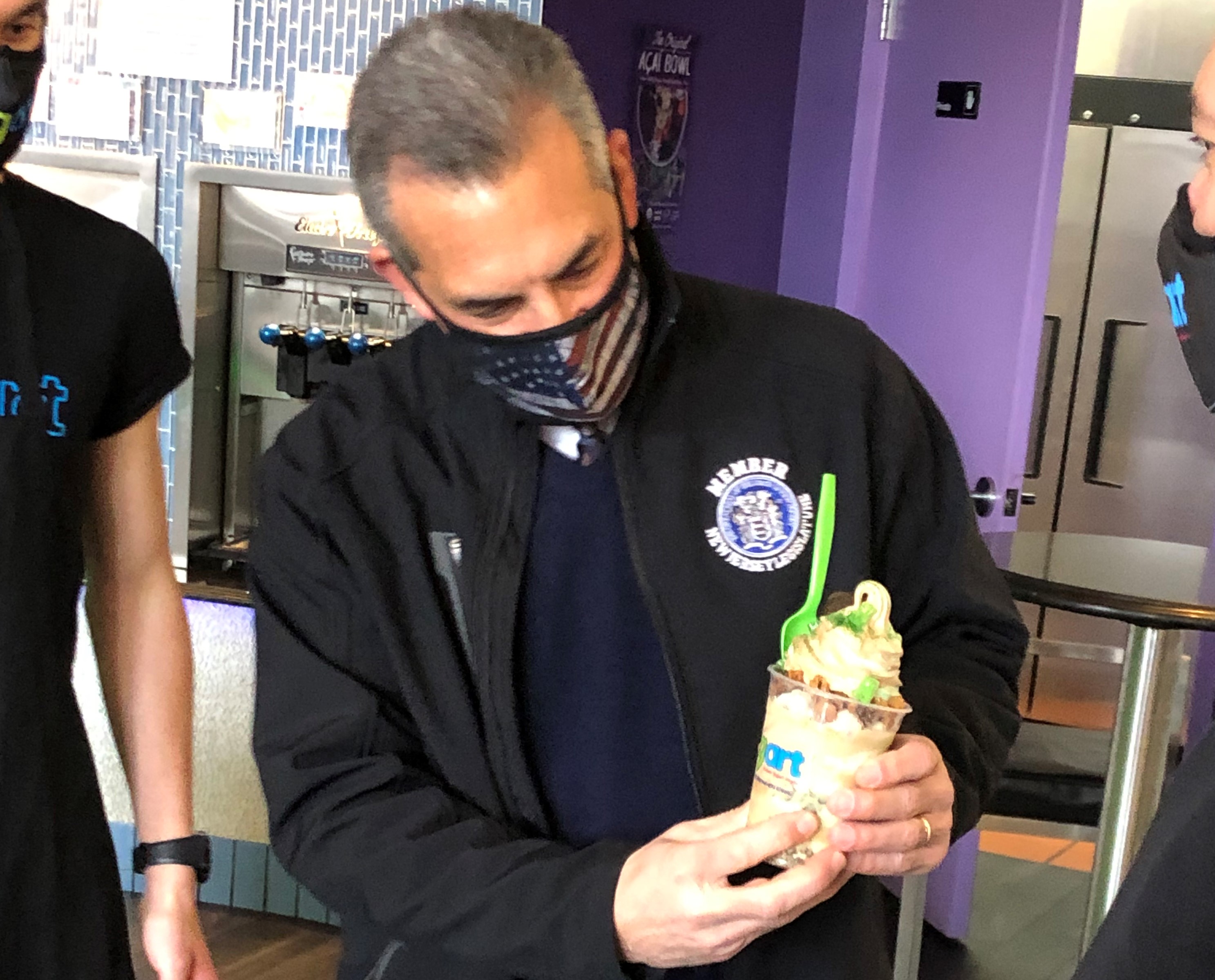 Proving he once served a legislative district that served Princeton, Ciattarelli prepared to expertly devour a frozen yogurt.